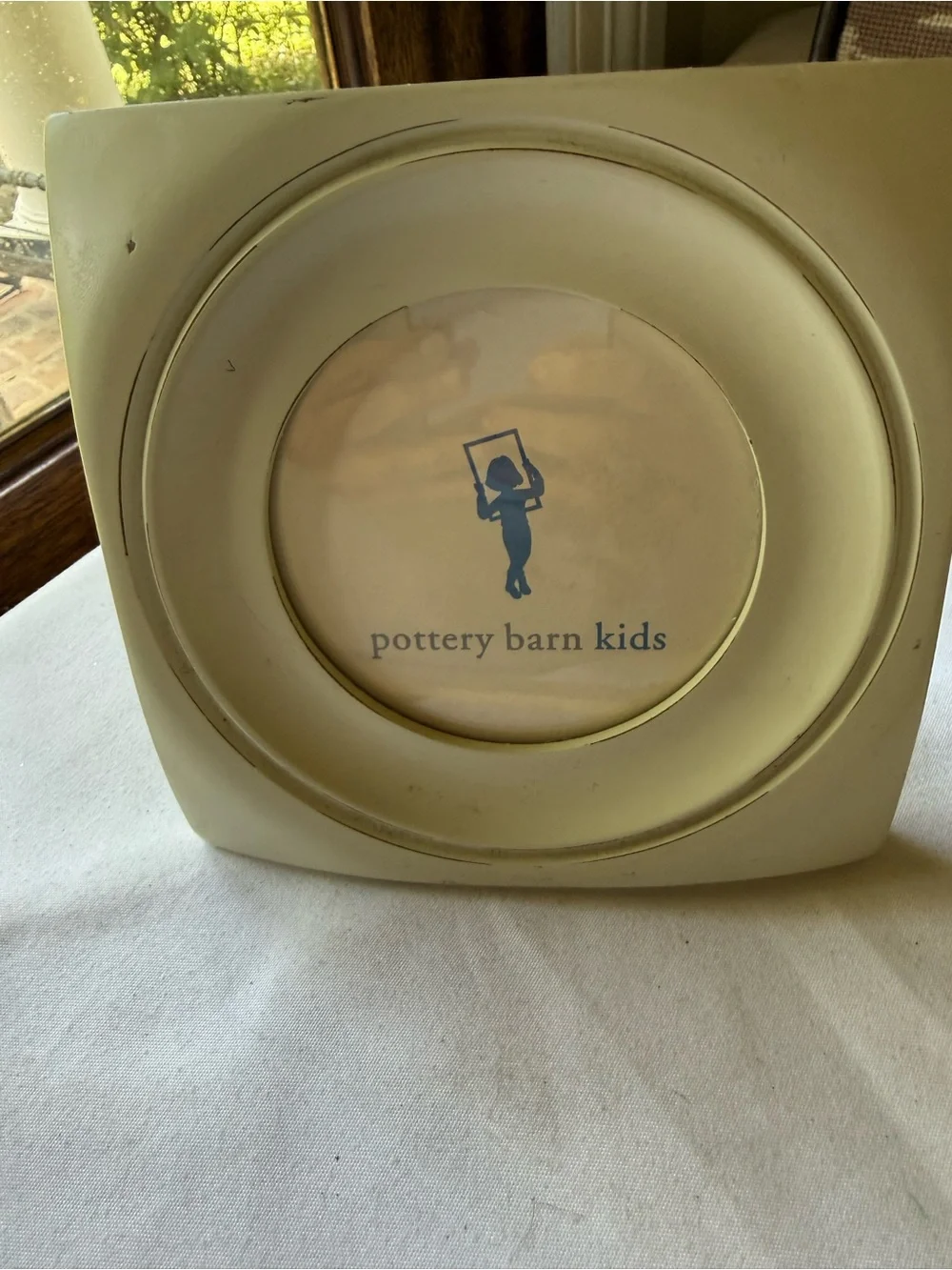 White Pottery Barn Kids Wooden Square Picture Frame with Circle Opening
